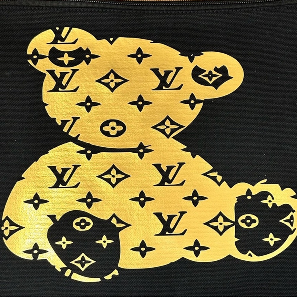 Black Canvas snap top Tote with Gold Bear Design HANDCRAFTED - Picture 2 of 10